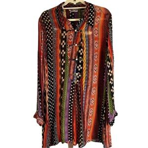 Rene Derhy Vintage Sheer Tribal Print Tunic Top Boho Half Button Front Sz L
